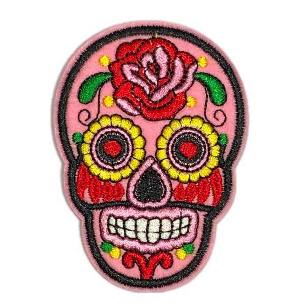 Pink Sugar Skull Iron on Patch Embroidered Rose Floral Day of the Dead Small